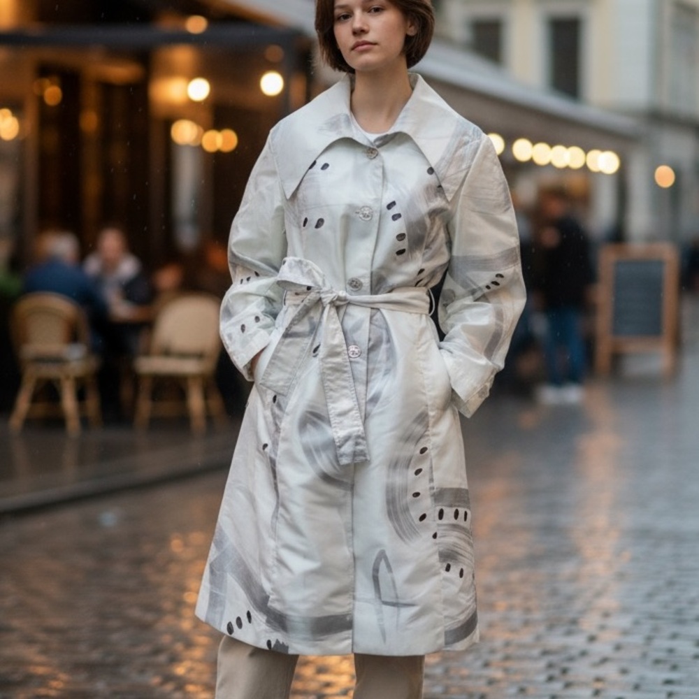D & Y RAIN JACKET WITH EXAGGERATED LAPEL WHITE SILVER BROWN SIZE SMALL NEW